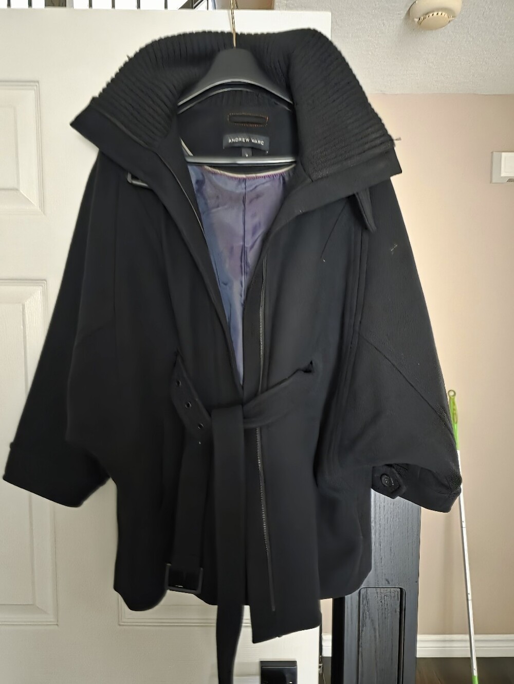 Andrew Marc Black Belted Trench Coat with Ribbed Collar Size M